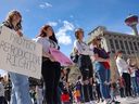 Approximately 200 Calgarians attended a rally at Olympic Plaza on Sunday, May 15, 2022 in support of reproductive rights and to oppose the potential ripple effect of the potential repeal of Roe v.  Wades in the United States.