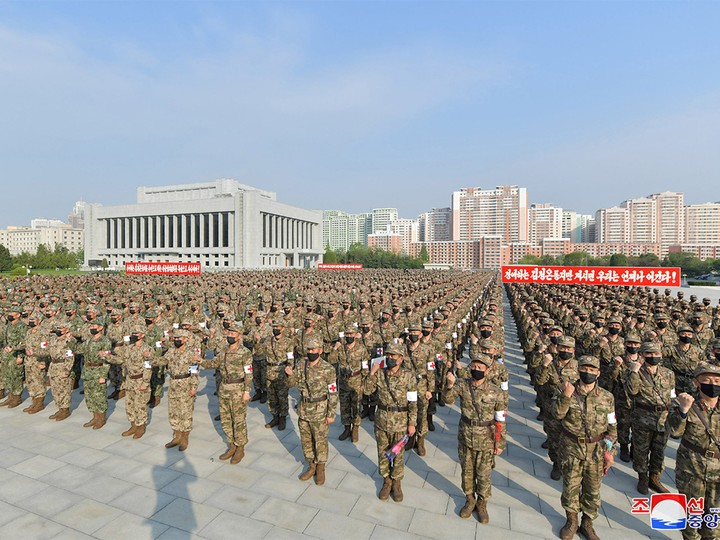  Military personnel from the Korean People’s Army medical corps attend the launch of a campaign to improve the supply of medicines, amid the coronavirus disease (COVID-19) pandemic, in Pyongyang, North Korea, in this undated photo released by North Korea’s Korean Central News Agency (KCNA) on May 17, 2022.