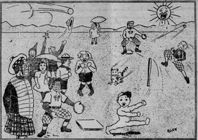 This Calgary Herald cartoon, accompanied by a long poem celebrating spring baseball, showed that Halley's Comet had arrived and was interfering with the baseball game. The reason why Bat's kid isn't dressed is a bit unclear and strange. Calgary Herald; May 14, 1910.