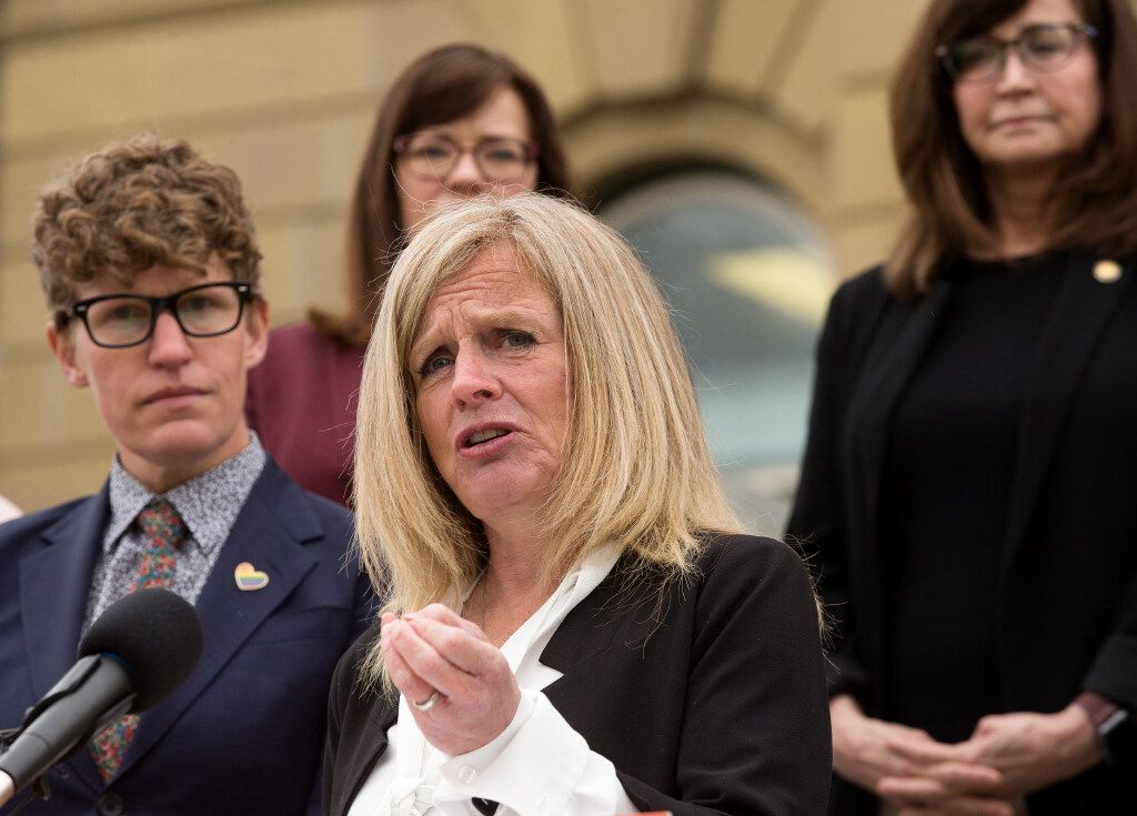 NDP Leader Rachel Notley and NDP MLAs call for a guarantee that the Alberta government will protect existing abortion services and work to expand access during a news conference on the steps of the Alberta legislature in Edmonton on Tuesday, May 3, 2022.