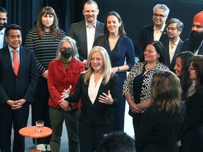 NDP Leader Rachel Notley speaks to reporters at a press conference while surrounded by other NDP MLA candidates at the cSpace theatre in the SW. Thursday, May 19, 2022.