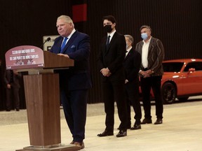 Doug Ford and Justin Trudeau announce more than $1 billion in public funding for retooling the Stellaris auto plant in Windsor.