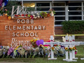 A memorial has been erected following the mass shooting at Robb Elementary School on May 26, 2022 in Uvalde, Texas.