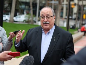 Calgary-Fish Cree MLA Richard Gotfried speaks with media at McDougall Centre in Calgary before a UCP caucus meeting on Thursday, May 19, 2022.