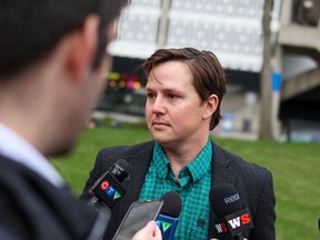 Innisfail-Sylvan Lake MPP Devin Dreeshen speaks to the media at the McDougall Center in Calgary ahead of a UCP caucus meeting Thursday, May 19, 2022.