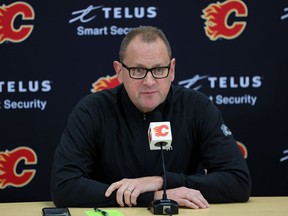 Calgary Flames general manager Brad Treliving talks with media at the Scotiabank Saddledome in Calgary on Saturday, May 28, 2022.