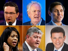 Conservative Party of Canada leadership candidates, top row from left: Pierre Poilievre, Jean Charest, Patrick Brown. Bottom row from left: Leslyn Lewis, Scott Aitchison, Roman Baber.