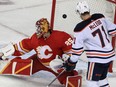 A shot from Edmonton Oilers defencemen Evan Bouchard beats Calgary Flames goalie Jacob Markstrom in Game 2 of their second-round playoff series at Scotiabank Saddledome on Friday, May 20, 2022.