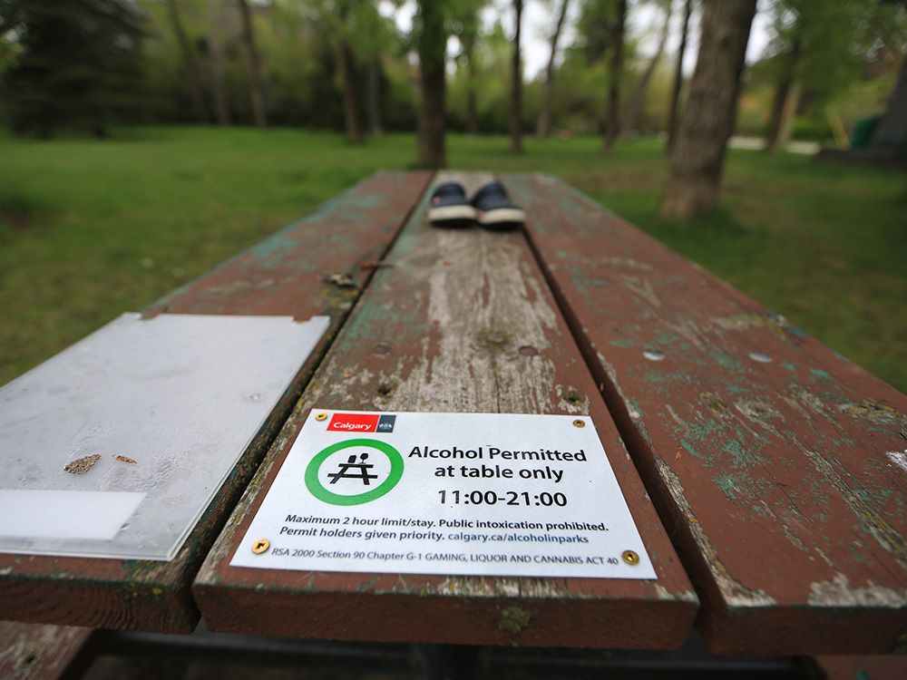A picnic table in Elbow Park is designated as part of the alcohol-in-parks program during last summer's pilot project.