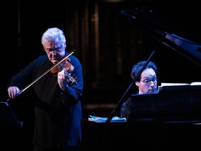 Israeli-American violinist Pinchas Zuckerman accompanied by Shai Wosner, from the Zuckerman Trio, during the grand opening of the Jenny Belzberg Theatre at the Banff Centre for Arts and Creativity. Courtesy, Rita Taylor