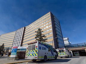 Ambulances photographed at Foothills Medical Centre on March 10, 2022. The target time for paramedic response is 12 minutes in Calgary.