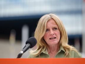 Alberta NDP Leader Rachel Notley speaks at a press conference outside Calgary City Hall on Wednesday, June 1, 2022.
