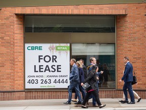 An office for rent sign in downtown Calgary on June 1, 2022.