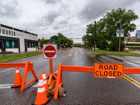 Memorial Drive was closed between 10th Street N.W. and Edmonton Trail N.E. due to flood concerns on Tuesday.
