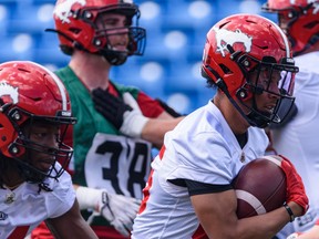 Stampeders receiver Jalen Philpot runs the ball during practice at McMahon Stadium on Tuesday.
