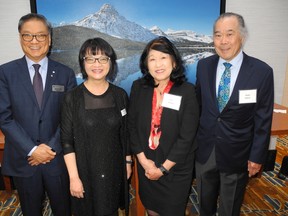 Wayne Chiu, at left, is the 30th recipient of the Distinguished Business Leader Award. Pictured with the founder and CEO of the Trico Group and founder of the Trico Foundation at the June 23 gala is his proud wife Eleanor Chiu, Sher Shikaze and her husband Howie Shikaze, past chair, Calgary Police Commission