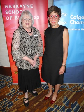 YWCalgary Board Chairman Sharon Carry, left, with Deborah Yedlin, U of C Chancellor and the President and CEO of Calgary Chamber of Commerce, at the Distinguished Business Leader Award gala.