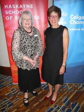 YWCalgary Board President Sharon Carry, left, with Deborah Yedlin, Chancellor of the U of C, as well as President and CEO of the Calgary Chamber of Commerce, at the Distinguished Business Leader Award gala.