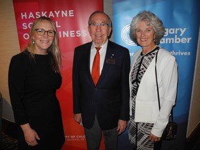 From left to right: U of C chief development officer Andrea Morris with legendary business leader and philanthropist Dick Haskayne and Eva Friesen, president and CEO of the Calgary Foundation.