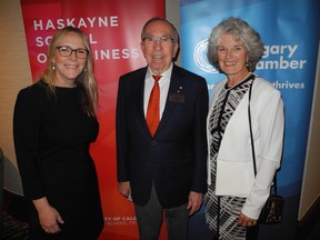 Brooks: Outstanding business leaders honored at awards ceremony From left to right: U of C chief development officer Andrea Morris with legendary business leader and philanthropist Dick Haskayne and Eva Friesen, president and CEO of the Calgary Foundation.