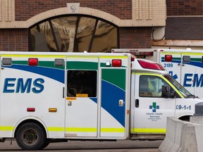 Alberta Health Services EMS ambulances are seen near the University of Alberta Hospital in Edmonton, on Tuesday, March 22, 2022.