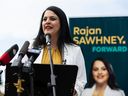 Calgary North-East UCP MLA Rajan Sawhney launches her campaign for leadership of the United Conservative Party from Violet King Henry Plaza at the Alberta Legislature in Edmonton on Monday, June 13, 2022.