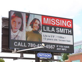 An electronic billboard at the corner of 11th Ave. and Olympic Way in Calgary showing Lila Smith, a 13-year-old girl from the Edmonton area who is still missing.  Lila Smith was last seen on Friday, June 24, near 131 Avenue and 91 Street in Edmonton around 8:30 a.m.