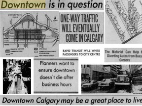 Calgary Herald headlines and visuals highligh various plans for revitalizing the city's downtown from decades past.