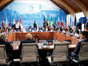 The Group of Seven leaders gather for a lunch at the Schloss Elmau hotel in Elmau, Germany, June 27, 2022. Canadian Prime Minister Justin Trudeau is seated at far right.