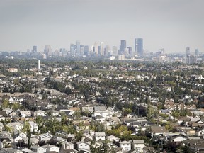 FILE PHOTO: Calgary city's skyline, as seen from the air above Spruce Meadows on Sunday, Sept. 14, 2014.