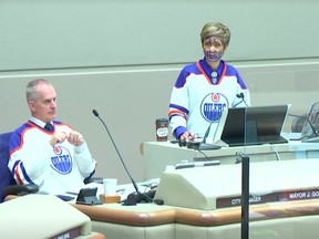 Tuesday's meeting of Calgary city council was a sea of orange and blue, as councillors flooded chambers wearing Edmonton Oilers colours.