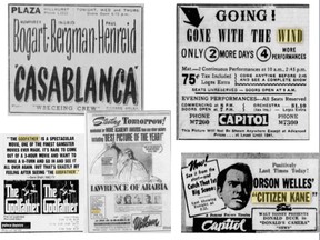 On this day in history, in 1998, the American Film Institute announced its choices for the top 100 films in the first century of cinematic history. The top five, in order, were, Citizen Kane, Casablanca, The Godfather, Gone With The Wind and Lawrence of Arabia. Pictured are ads for the movies that appeared in the Calgary Herald.