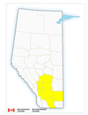 An Environment Canada map showing areas of Alberta under thunderstorm watch as of mid-afternoon Saturday,