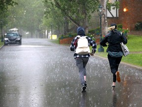A rain delay at Spruce Meadows stopped action as heavy rains and lightning had fans running for cover in Calgary on Sunday, June 19, 2022.