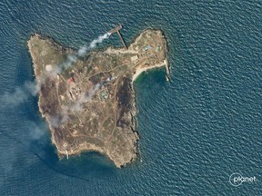 A satellite image shows smoke rising from Snake Island, off the coast of Ukraine, June 29, 2022.