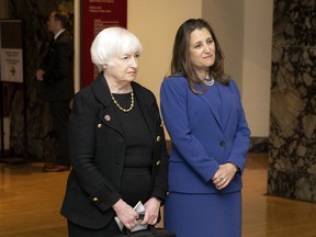 U.S. Treasury Secretary Janet Yellen, left, and Canada's Deputy Prime Minister Chrystia Freeland in Toronto, on Monday, June 20, 2022.