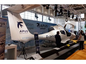 Alberta has the opportunity to lead in new sources of energy, such as hydrogen, say writers Alison Cretney and Mike Wilson. A hydrogen-powered airplane by APUS Group is displayed at the Hanover technology fair in Hanover, northern Germany, on May 30, 2022.