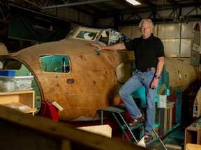 Calgary Mosquito Society president Richard de Boer stands with the society's de Havilland Mosquito which is undergoing restoration at the Bomber Command Museum of Canada in Nanton on Wednesday, June 22, 2022. Restoration of the wooden plane has relied on specialized aircraft plywood which is only made in Russia. Sanctions on Russia for its war against Ukraine has made it impossible to get supplies.
Gavin Young/Postmedia