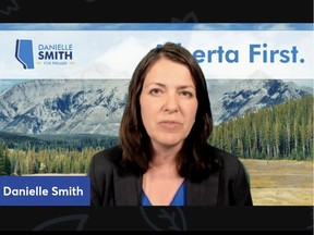 Danielle Smith speaks during an online UCP Leadership Panel event hosted by Free Alberta Strategy on Thursday, June 23, 2022.