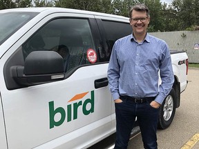 Jeremy Boldt, vice president and district manager for Bird Construction, showing new Bird logo. Photo supplied by Bird.