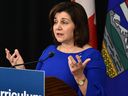 Education Minister Adriana LaGrange provides an update on three updated K-6 subject drafts set to test this fall during a news conference in Edmonton on May 17, 2022.