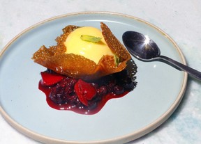 The Lemon Basil Semi Freddo, Fresh Berries, Sumac Tuile dessert at Kama. Darren Makowichuk/Postmedia
