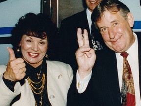 On this day, June 15, in 1993 rookie Alberta Premier Ralph Klein led his Conservatives to their seventh consecutive provincial election victory. Klein had become premier after winning the leadership of the provincial Progressive Conservatives in December 1992. 
He remained premier until his retirement in 2006. Here, Klein and his wife Colleen give a thumbs up and a victory sign after they arrived in Edmonton from Calgary on Election night on June 15, 1993. Postmedia archives.