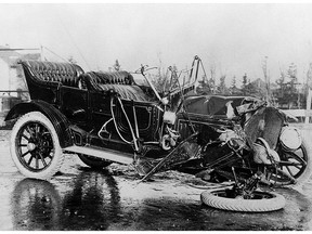 Fire Chief James "Cappy" Smart was involved in the city's first serious traffic accident in 1912. He was rushing to the scene of a fire and crashed his car into a streetcar. Calgary Herald archives.