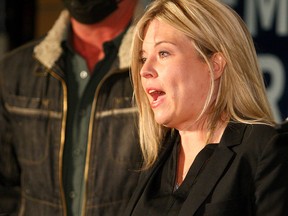Michelle Rempel Garner speaks to the media after winning her Calgary riding in the 2021 federal election.