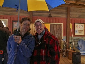 Actor Jordan Gavaris and showrunner Julian Doucet on the set of The Lake. Courtesy, Prime Video.