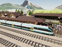 The artist's rendering of the train suggested running between Calgary International Airport and Banff.  Courtesy Liricon Capital