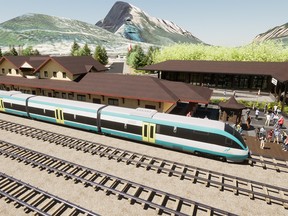 Artist's rendering of the proposed train to run between Calgary International Airport and Banff.