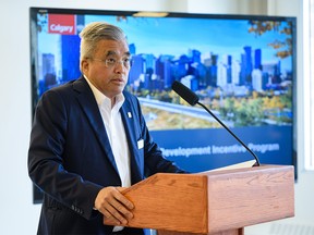 Councilman Terry Wong speaks at a press conference where the City of Calgary announced two more downtown office-to-housing projects approved for funding on Wednesday, July 6, 2022.