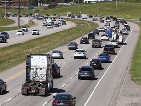 A busy Deerfoot Trail north of 16 Ave (looking northbound) is pictured in northeast Calgary on Tuesday, July 12, 2022. This area of Deerfoot Trail may get upgrades despite the province cancelling some funding.
